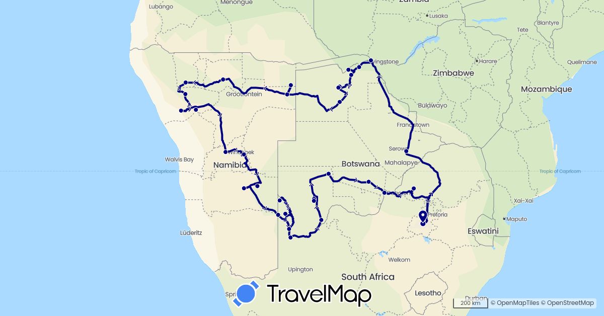 TravelMap itinerary: driving in Botswana, Namibia, South Africa (Africa)